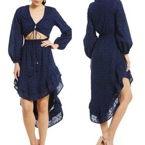 Gianni Giselle Navy Eyelet Tie Cutout Dress Boho Romantic Tiered Ruffle XS NEW